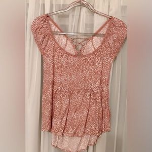 Lightweight, flowey, cap-sleeve blouse. Dark peach and whiteUrban Romantics.